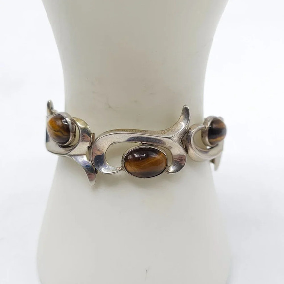 Sterling Silver Tigers Eye Bracelet By Fidencio Serrano Taxco Artisan - Picture 1 of 8